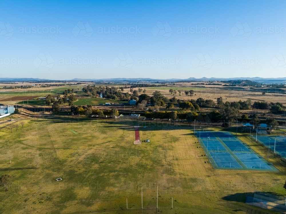Aerial view of cook park at rose point in singleton with sports long jump pit and netball court - Australian Stock Image