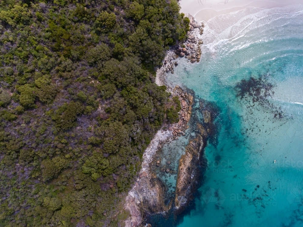aerial view of cove with rock pools and bush of the headland - Australian Stock Image