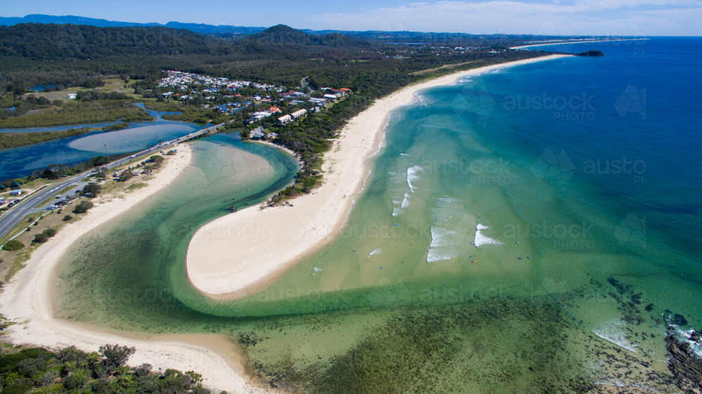 Aerial view of Cudgera Creek mouth at Hastings Point, NSW. - Australian Stock Image