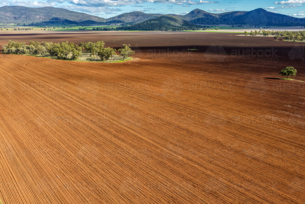 Aerial view of cultivated farmland beneath a dramatic cloudy sky, with a mountain range background. - Australian Stock Image