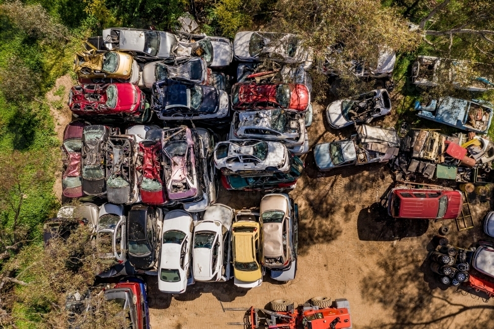 Aerial view of damaged car bodies at an auto wreckers - Australian Stock Image