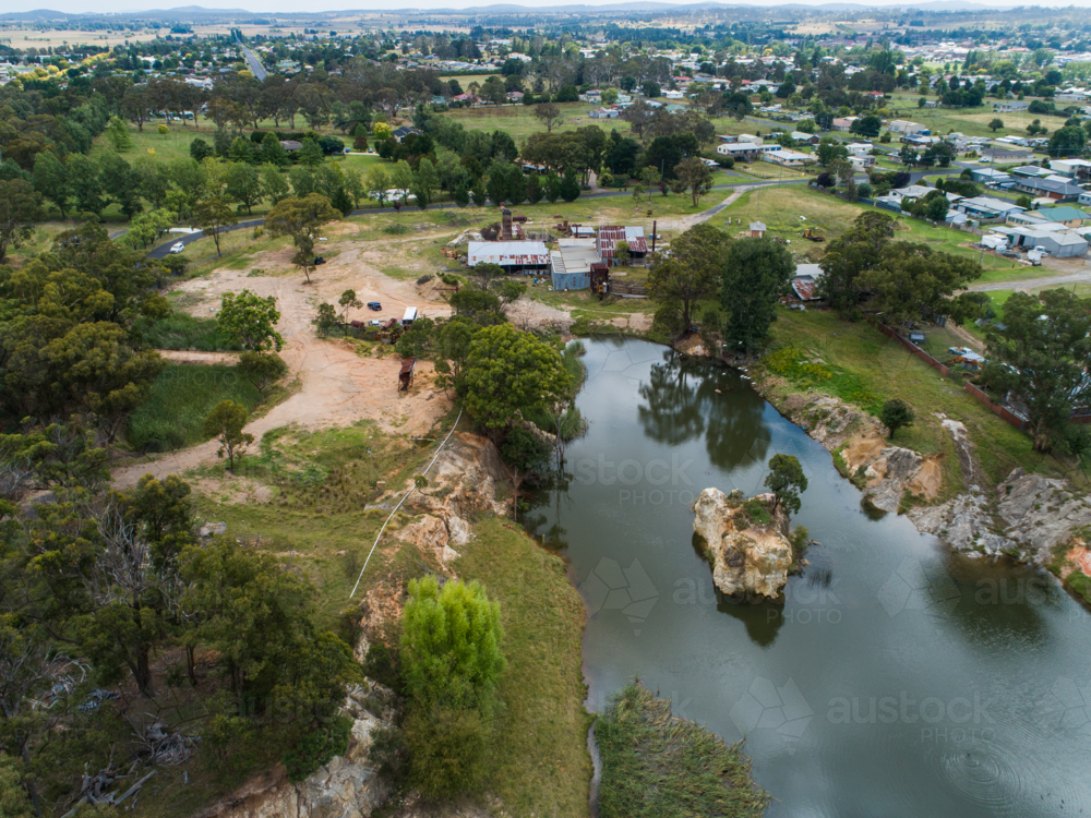 Aerial view of dilapidated buildings at old Glen Innes Brickworks - Australian Stock Image