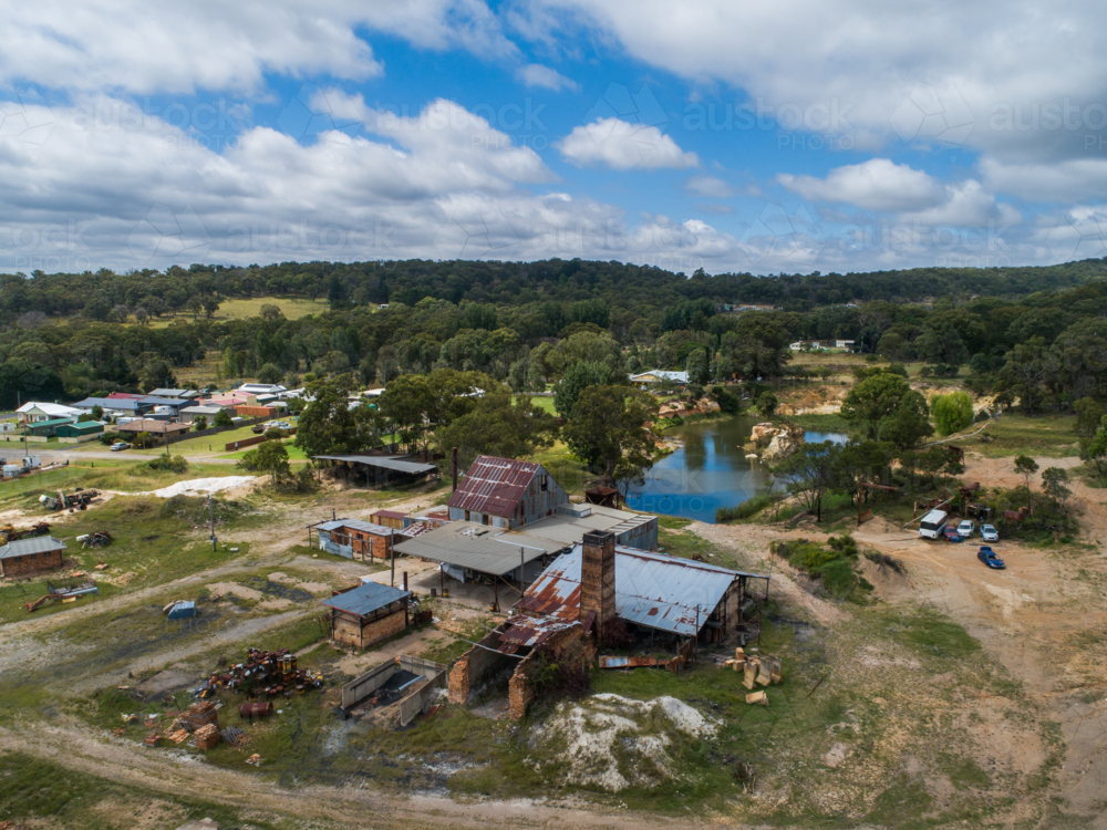 Aerial view of dilapidated old buildings at Glen Innes Brickworks - Australian Stock Image