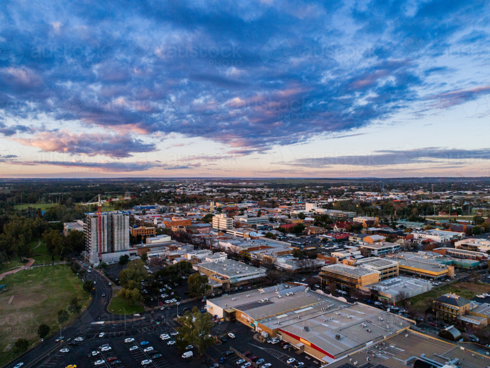 Aerial view of Dubbo city in the Orana Region of New South Wales, Australia at sunset - Australian Stock Image