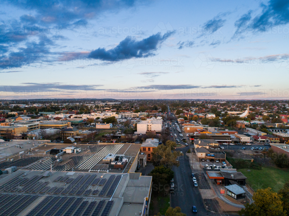 Aerial view of Dubbo city in the Orana Region of New South Wales, Australia at sunset - Australian Stock Image