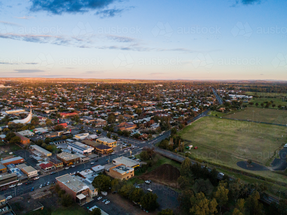 Aerial view of Dubbo city in the Orana Region of New South Wales, Australia at sunset - Australian Stock Image