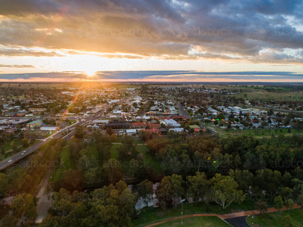 Aerial view of Dubbo city in the Orana Region of New South Wales, Australia at sunset - Australian Stock Image