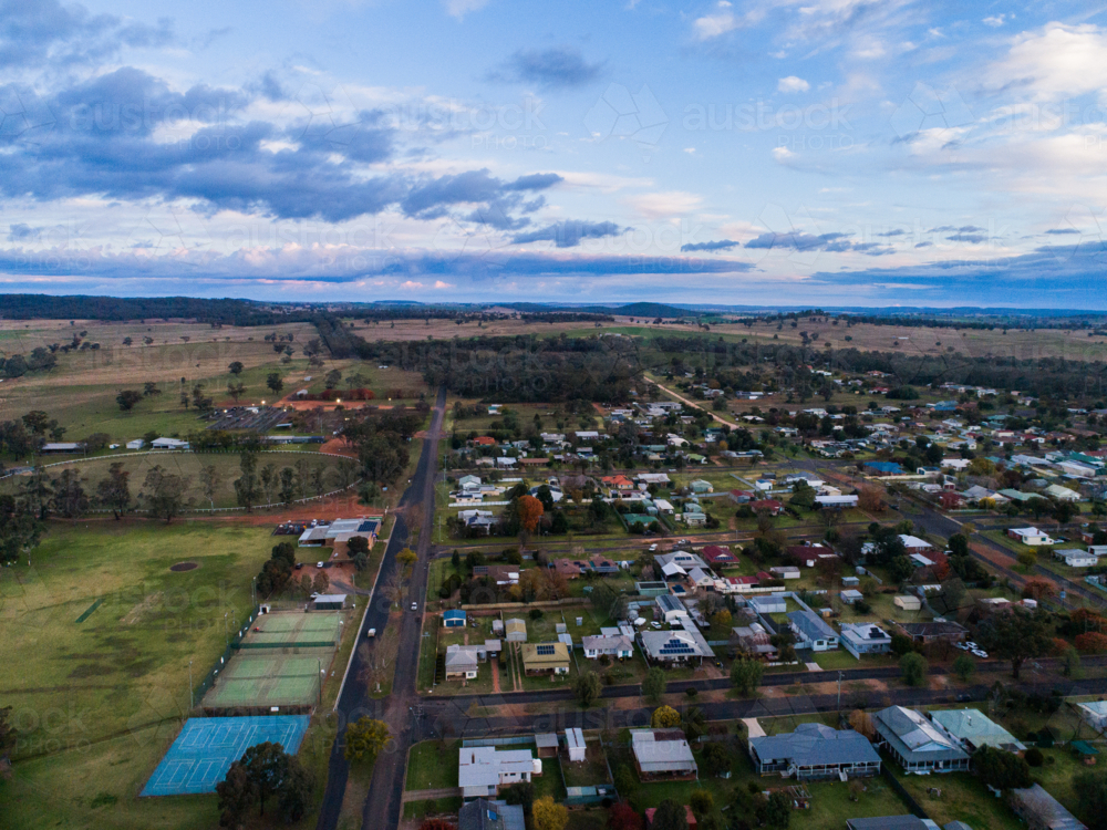 Aerial view of Dunedoo a rural country town in central western New South Wales, Australia - Australian Stock Image