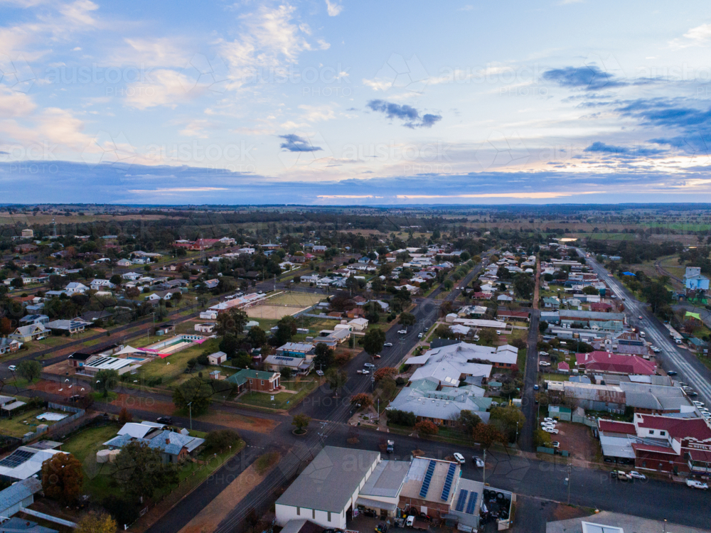 Aerial view of Dunedoo a rural country town in central western New South Wales, Australia - Australian Stock Image