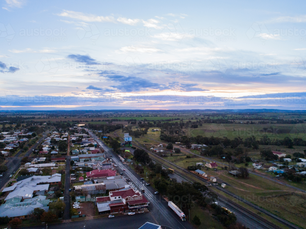 Aerial view of Dunedoo a rural country town in central western New South Wales, Australia - Australian Stock Image