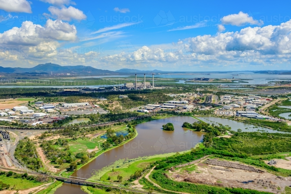 Aerial view of East Gladstone, creeks and power station - Australian Stock Image