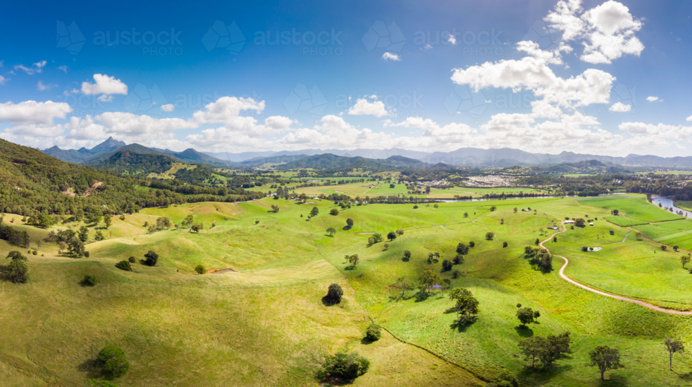 Aerial view of farmland near the town of Murwillumbah and Wollumbin National Park (Mt Warning) - Australian Stock Image