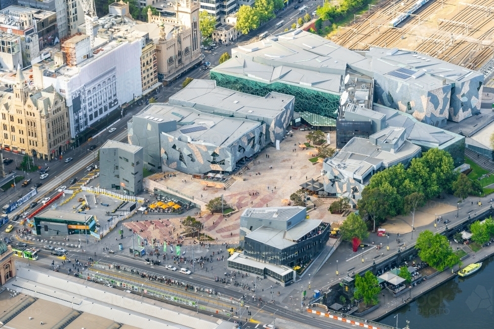Aerial view of Federation Square in Melbourne - Australian Stock Image