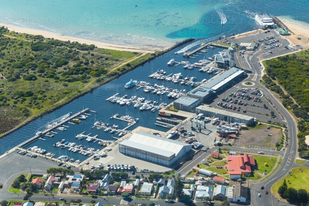 Aerial view of ferry terminal and marina at Queenscliff - Australian Stock Image