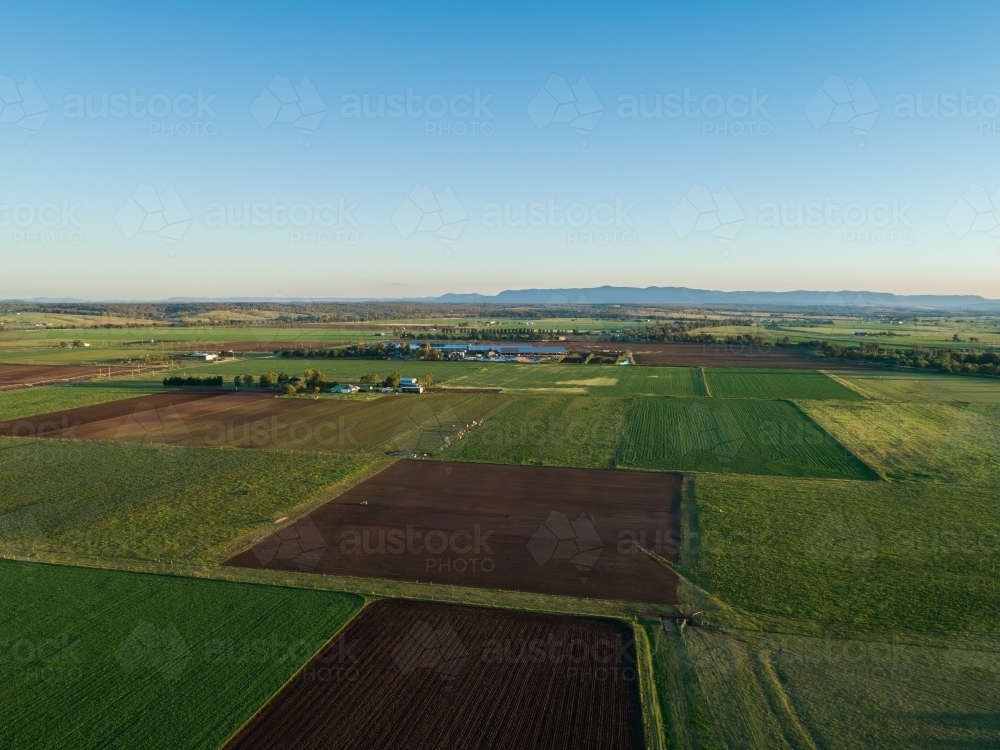 Aerial view of flat agricultural land at sunset - Australian Stock Image