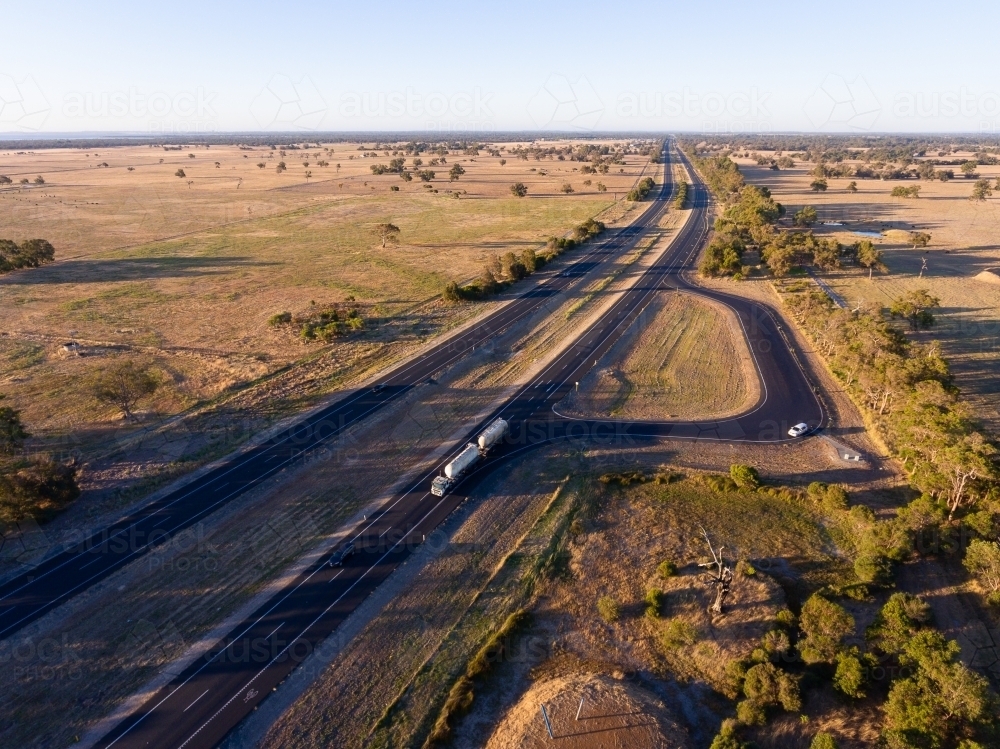 aerial view of Forrest Highway with parking bay to side and truck on road - Australian Stock Image