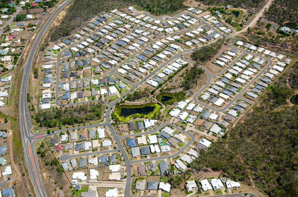 Aerial view of Gladstone from Kirkwood area looking towards Curtis Island - Australian Stock Image