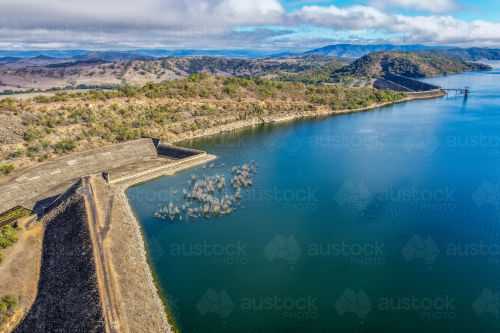 Aerial view of Glenbawn Dam and the spillway with surrounding landscape in NSW Australia. - Australian Stock Image