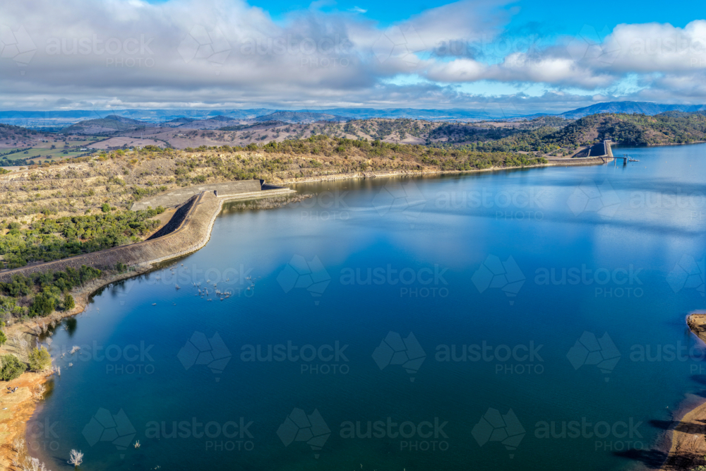 Aerial view of Glenbawn Dam and the spillway with surrounding landscape in NSW Australia. - Australian Stock Image