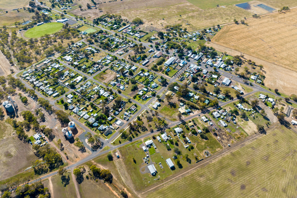 Aerial view of Goroke township and surrounding farmland, Victoria. - Australian Stock Image