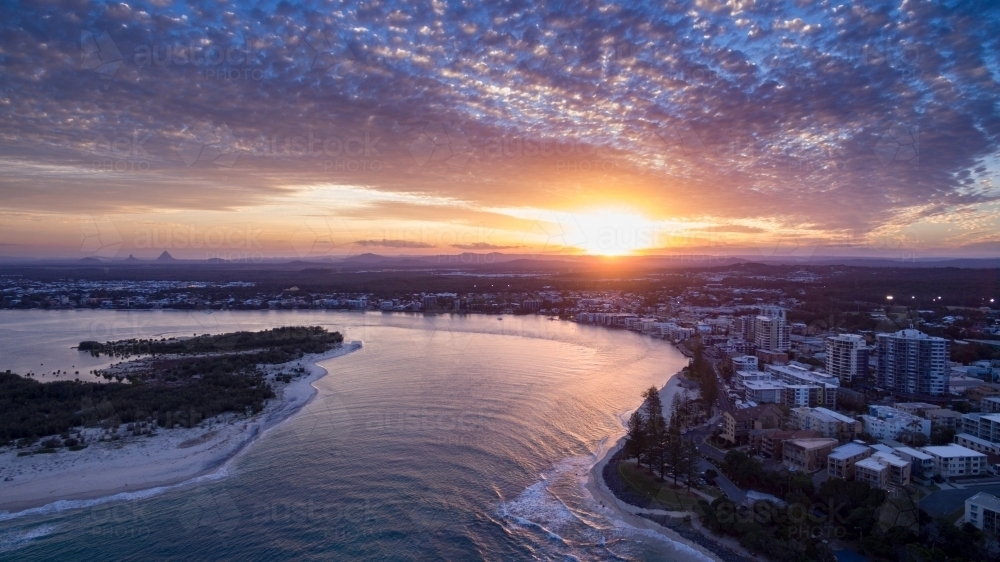 Aerial view of Happy Valley and Pumicestone Passage, at Caloundra on the Sunshine Coast. - Australian Stock Image