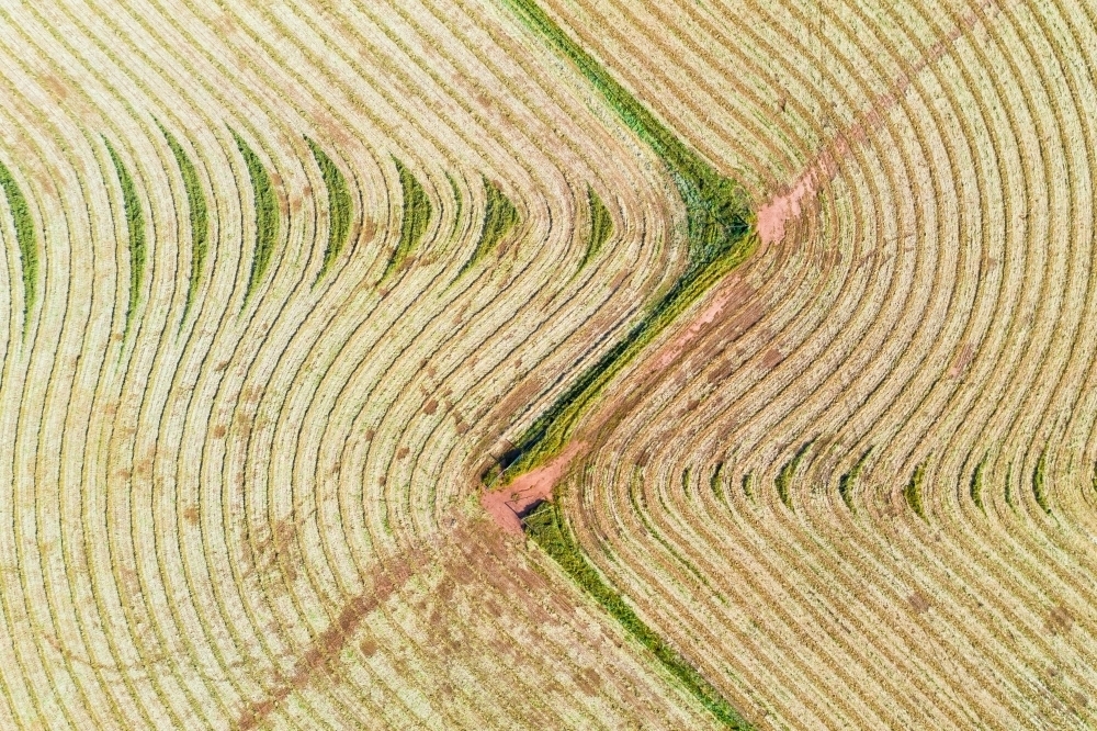 Aerial view of harvesting patterns in an empty paddock - Australian Stock Image