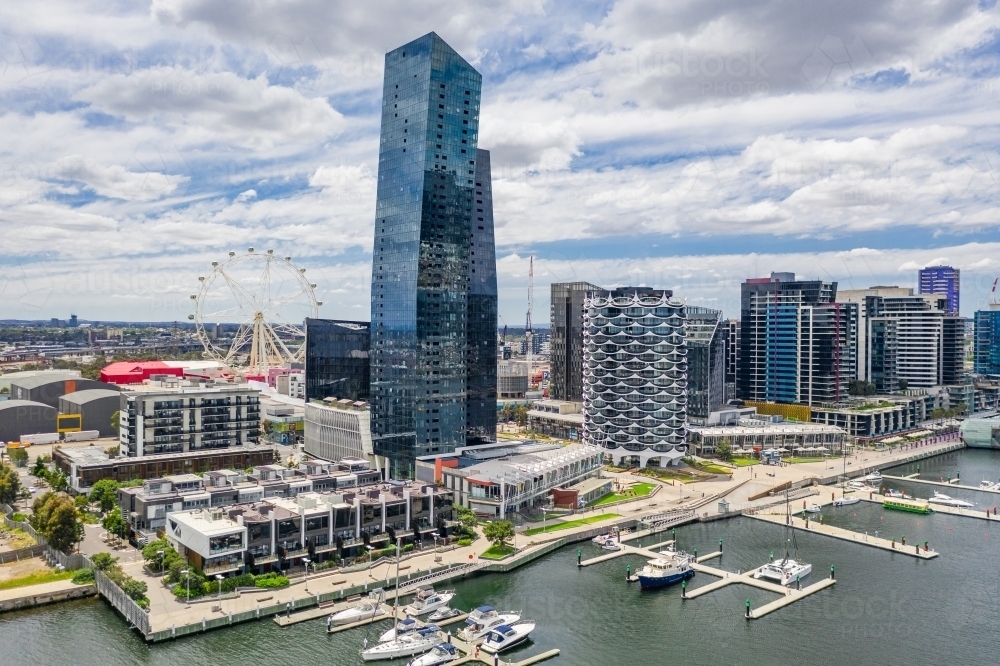 Aerial view of high rise buildings on a marina waterfront - Australian Stock Image