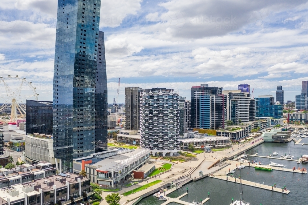 Aerial view of high rise buildings on a marina waterfront - Australian Stock Image