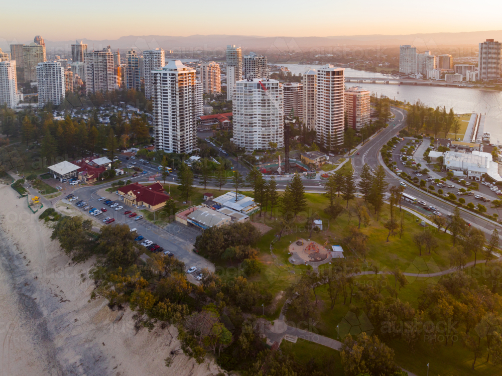 Image of Aerial view of highrise apartment buildings in a coastal city ...