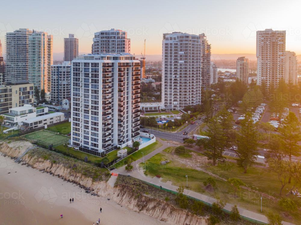 Image of Aerial view of highrise apartment buildings in a coastal city ...