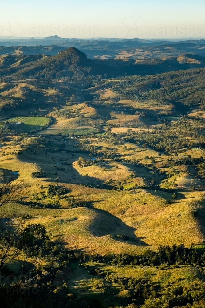 Aerial view of hilltops with forest and green nature background - Australian Stock Image