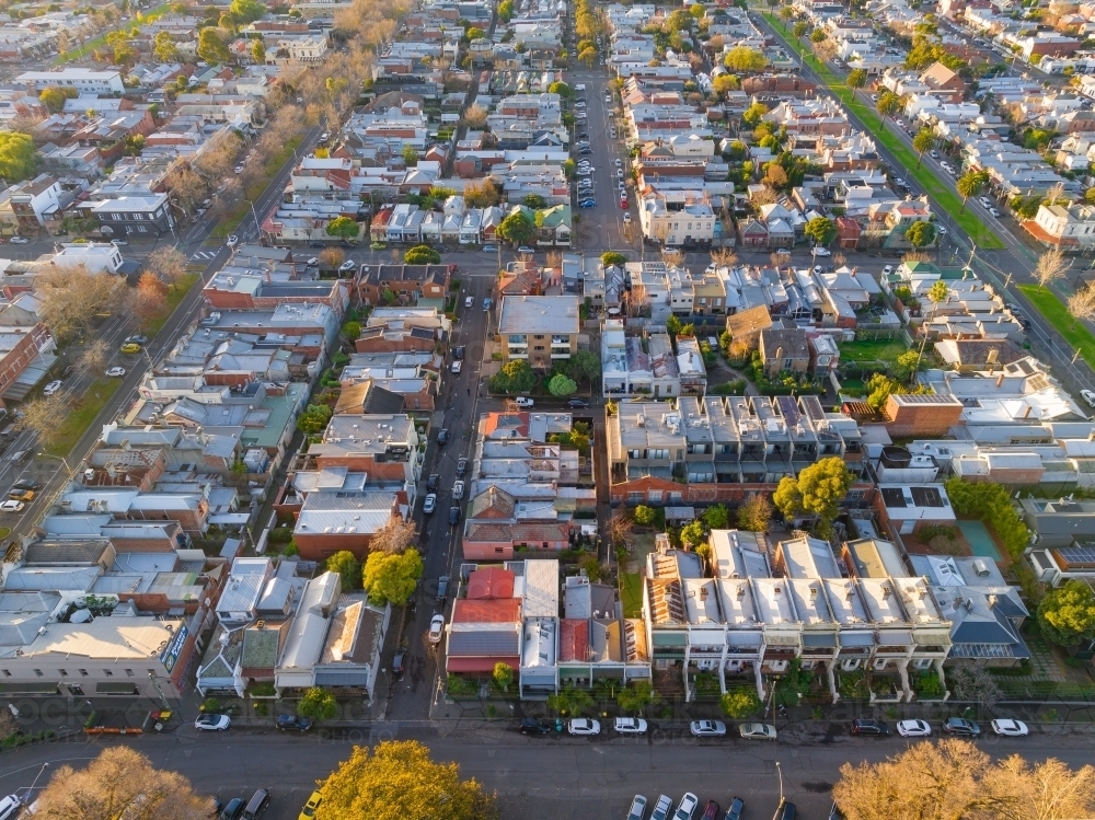 Aerial view of housing and retail properties close together on an inner city block - Australian Stock Image