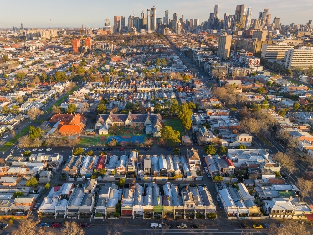 Aerial view of housing and retail properties close together on an inner city block - Australian Stock Image