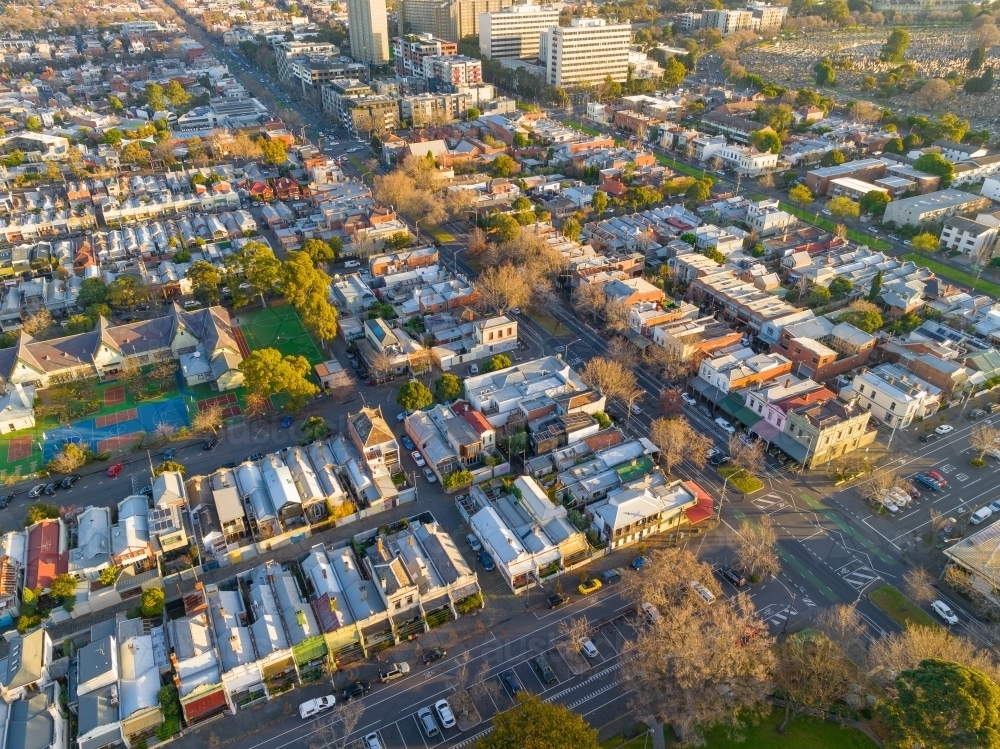 Aerial view of housing and retail properties close together on an inner city block - Australian Stock Image