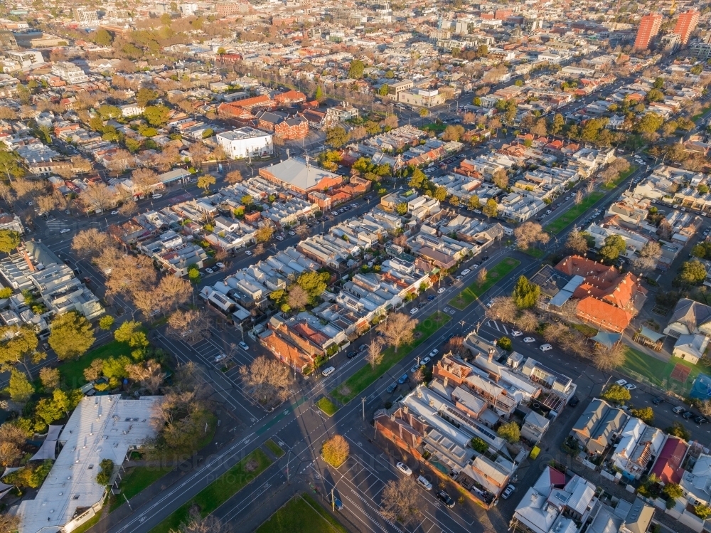 Aerial view of housing and retail properties close together on an inner city block - Australian Stock Image