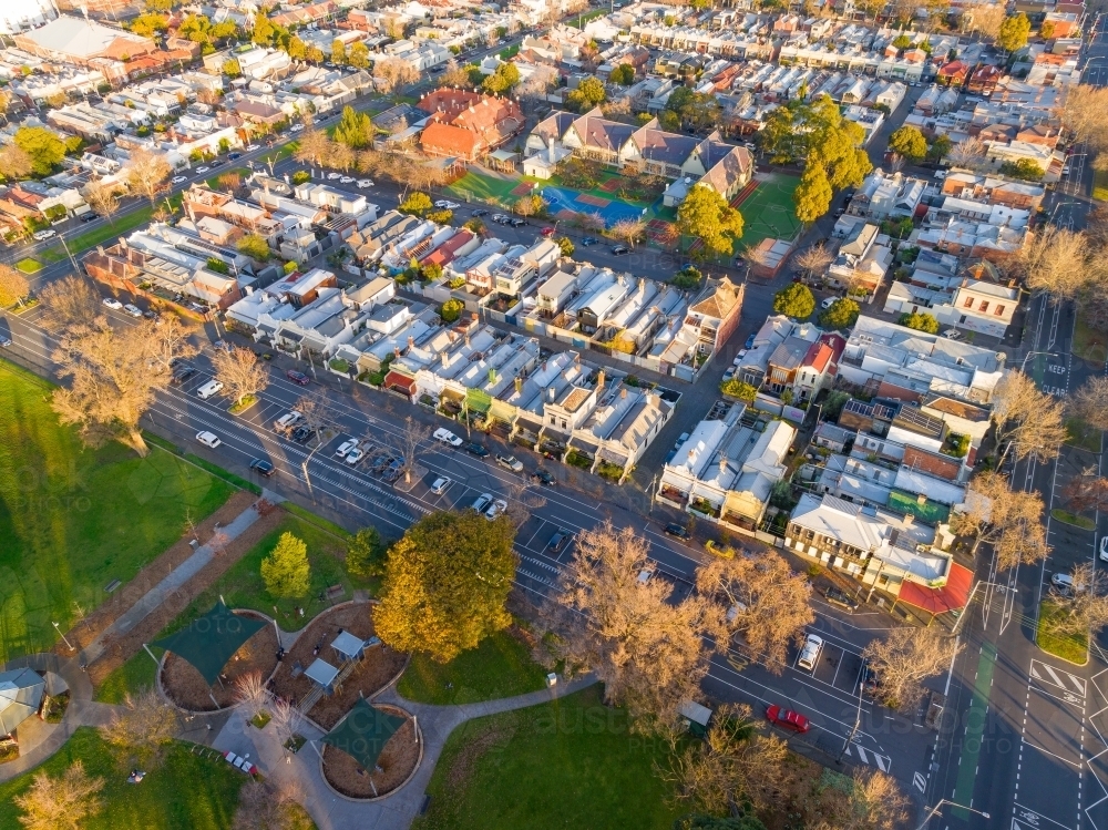 Aerial view of housing and retail properties close together on an inner city block - Australian Stock Image