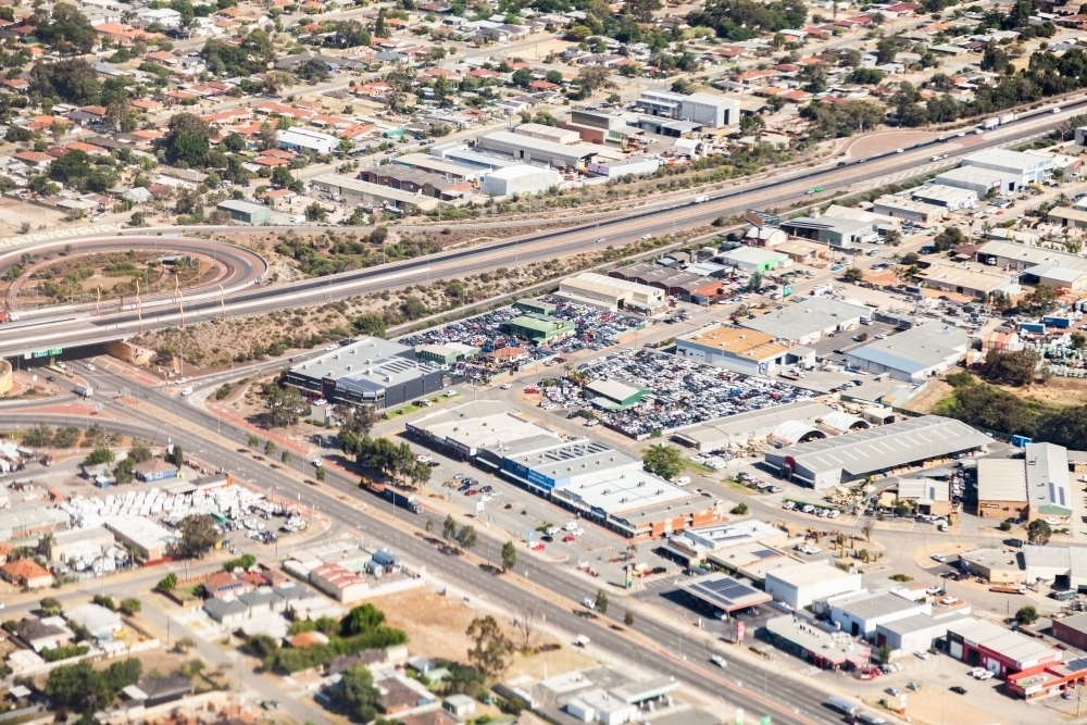 Aerial view of industrial estate sheds and auto wreckers - Australian Stock Image
