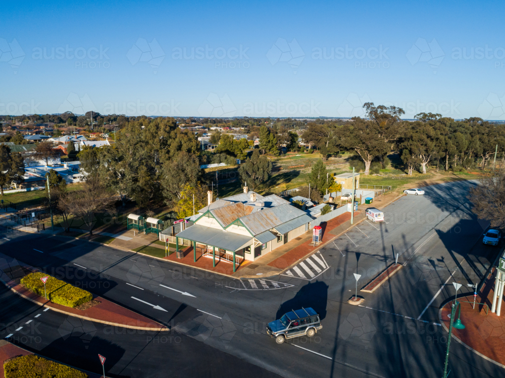 aerial view of intersection and post office in country town - Australian Stock Image