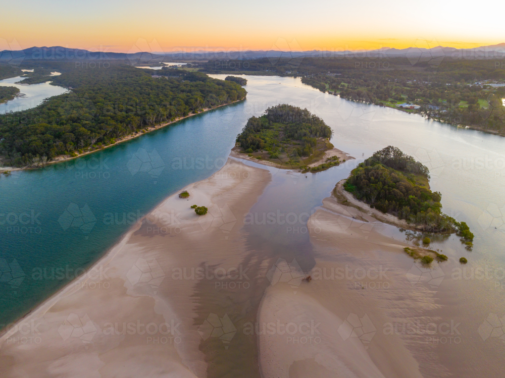 Aerial view of islands and channels in coastal river system - Australian Stock Image