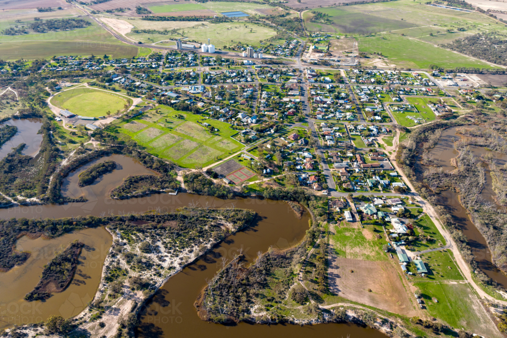 Aerial view of Jeparit township with the Wimmera River and surrounding farmland. - Australian Stock Image