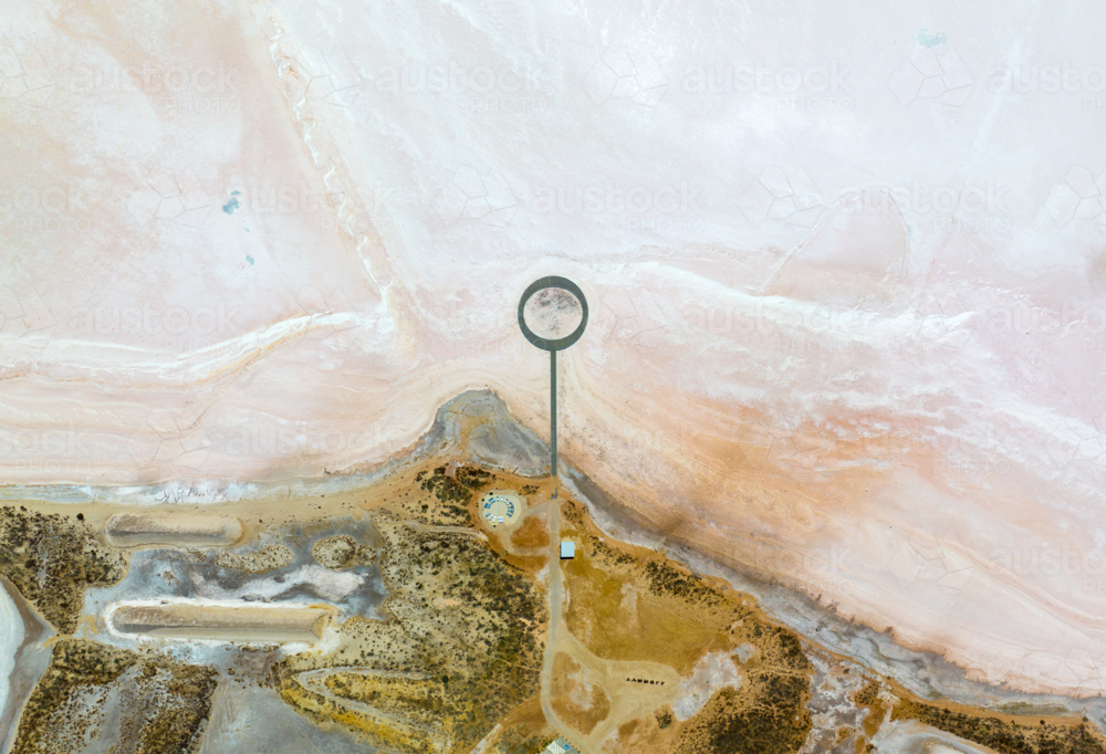 Aerial view of Lake Tyrrell viewing platform surrounded by salt flats. - Australian Stock Image