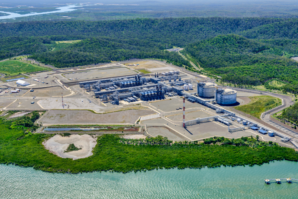 Aerial view of liquified natural gas plant on Curtis Island - Australian Stock Image