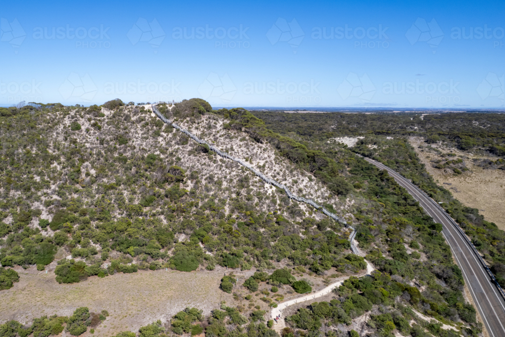 Aerial View of Long Winding Boardwalk and Stairs Ascending Prospect Hill, Kangaroo Island - Australian Stock Image
