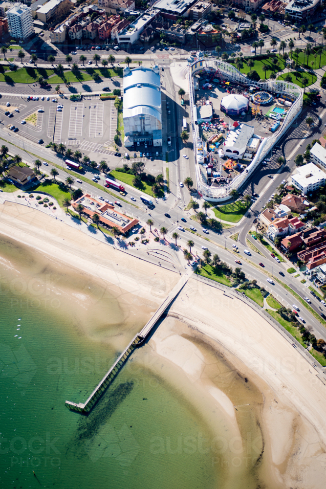 Aerial view of Luna Park and St Kilda foreshore on a sunny day. - Australian Stock Image