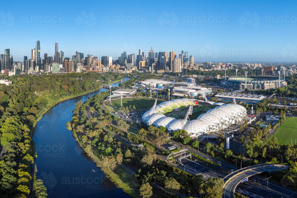 Aerial view of Melbourne looking along Yarra River - Australian Stock Image