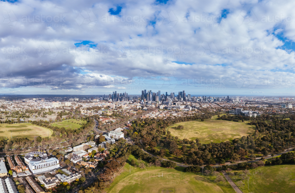 Aerial view of Melbourne skyline on a cool winter's day from Parkville in Victoria, Australia - Australian Stock Image