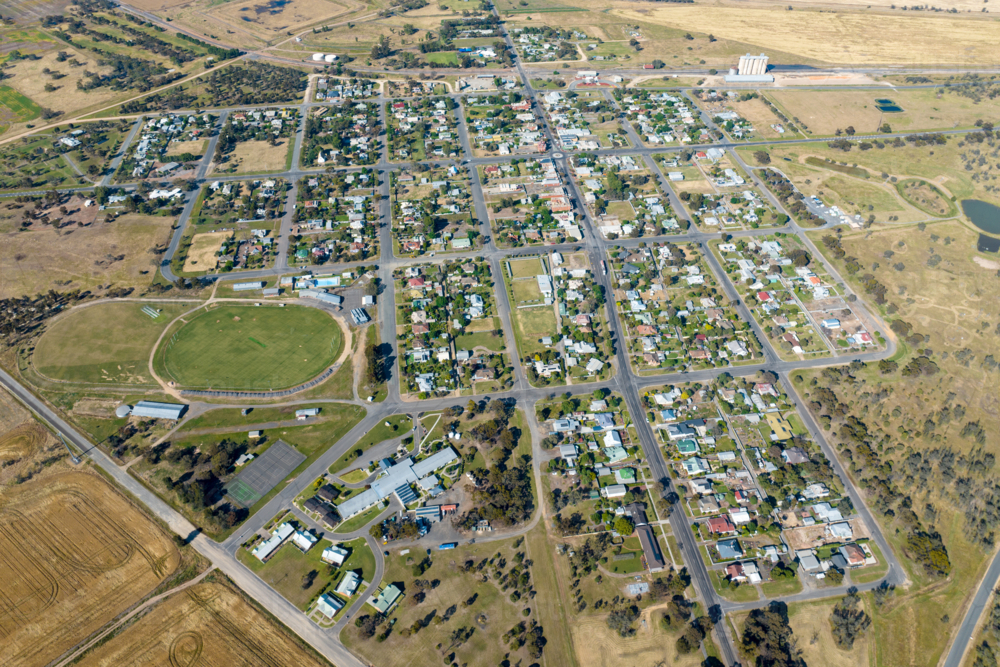 Aerial view of Minyip township surrounded by farmland in the Wimmera region - Australian Stock Image