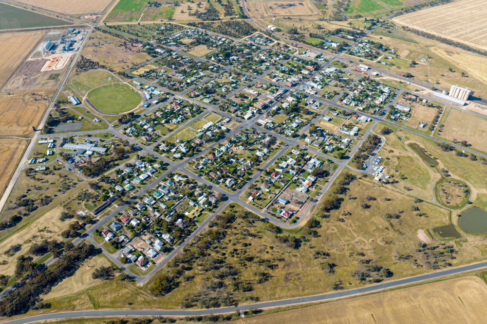 Aerial view of Minyip township surrounded by farmland in the Wimmera region - Australian Stock Image