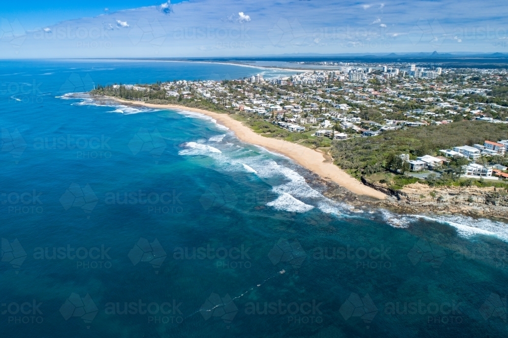Aerial view of Moffat Beach, Caloundra, and Bribie Island. - Australian Stock Image