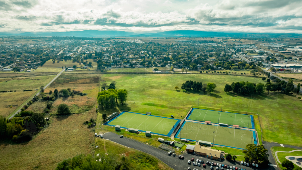 Aerial View of Multi-Field Hockey Complex on a Sunny Day - Australian Stock Image